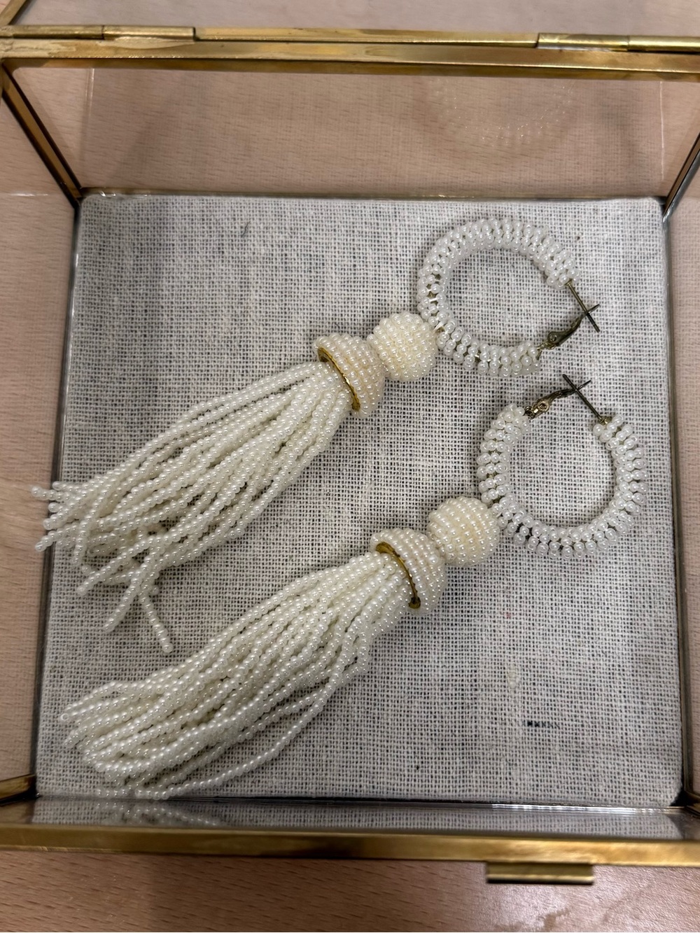 Beaded Tassel Hoop Earrings in Ivory